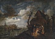 Aert van der Neer Hollandische Kanallandschaft bei Mondschein mit Schlittschuhlaufern und einem Lagerfeuer, an dem sich Bauern warmen Spain oil painting artist